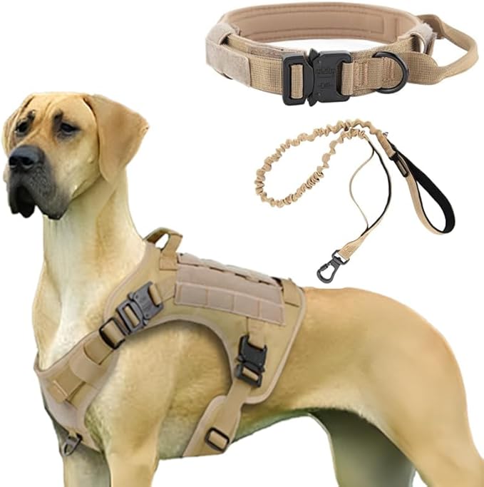 Generic Tactical Dog Harness with Handle, Collar, and Leash Set, Dog Vest Harness, No Pull Working Dog Molle Vest with Patches- Adjustable Buckles for Large-Dogs (Khaki-X_Large)