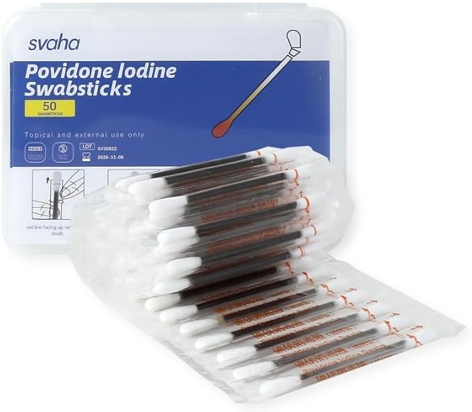 Svaha Povidone Iodine Swabsticks 50/Box - Iodine Swabs with Snap-Release Solution, Individually Wrapped for Wound Care & First Aid Kits