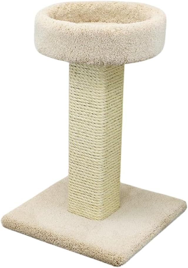 French Flair Elevated Cat Scratch Post with Cat Bed, Compact and Stylish Elevated Cat Bed with Plush Carpet and Sisal Scratching Post, Perfect for Sleep and Play Light Tan