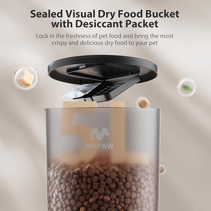 IMIPAW Automatic Cat Feeder, 5L Pet Dry Food Dispenser with Timed Programmable Portion Control, Dual Power Backup, with Desiccant Bag, 1-10 Meals, Easy Set Up, 10 Meals Per Day for Cats and Puppies