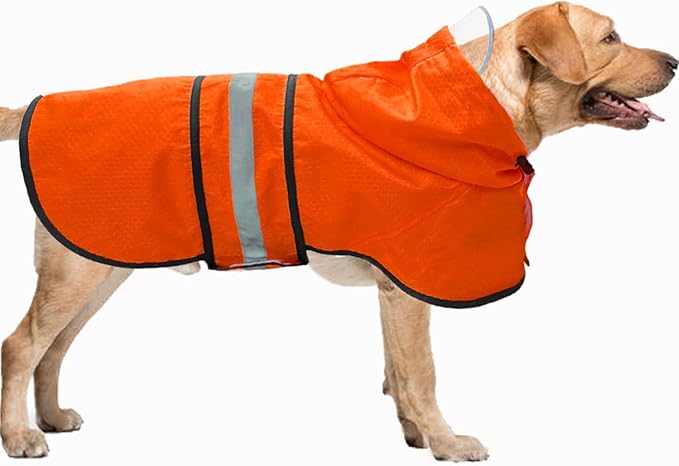 Dog Raincoat Waterproof Reflective Slicker - Lightweight Breathable Hooded Poncho Rain Coat Jacket with Adjustable Belly Strap and Leash Hole for Small Medium Large Dogs (Medium, Orange)
