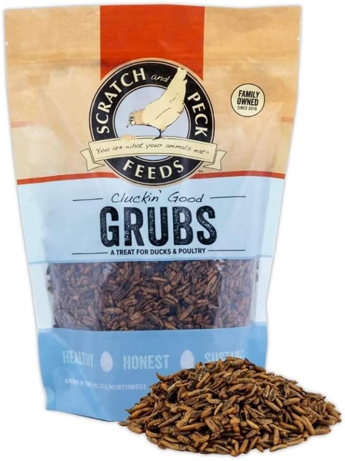 Scratch and Peck Grubs for Chickens and Ducks - 20 oz Bag - Sustainably Sourced - Naturally High Protein, Calcium Dense - Dried Black Soldier Fly Larvae Bird Treats