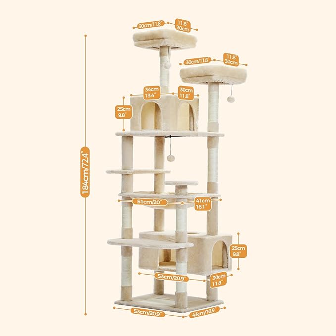 PAWZ Road Large Cat Tree, 72 Inches Cat Tower for Large Cats, Cat Condo with Sisal-Covered Scratching Posts and Pads, 2 Padded Perch, Dual Condo and Basket for Indoor Cats-Beige