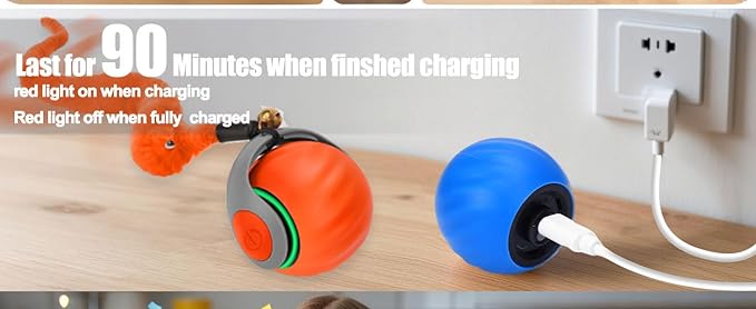 Interactive Cat Toy Ball - Motion-Activated, USB Rechargeable Cat Toys for Indoor Cats with Anti-Scratch Cover & 2 Changeable Tails - Enrichment Toy for Active Cats & Kittens