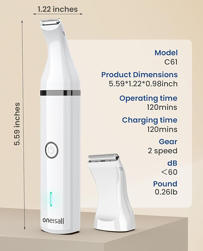 oneisall Dog Clippers with Double Blades,Cordless Small Pet Hair Grooming Trimmer,Low Noise for Trimming Dog's Hair Around Paws, Eyes, Ears, Face, Rump (White)