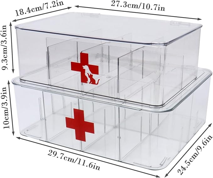 First Aid Box and Pet Frist Aid Storage Bin, Acrylic Medicine Kit Case Organizer Empty, Divided First Aid Storage Box Kit with Hinge Lid, Emergency Kit Storage Box for Family and Pet (Clear)