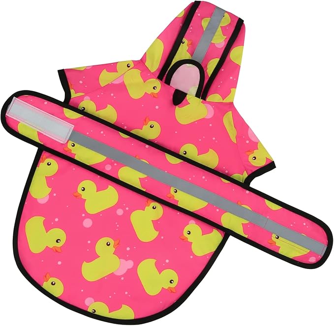 HDE Dog Raincoat Jacket Reflective Adjustable Hooded Pet Poncho Rain Coat with Leash Hole for Small to X-Large Dogs Pink Ducks - XL