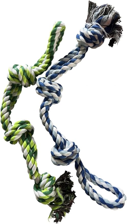 Dog Rope Toys, Heavy Duty Chew Toy for Large Dogs, 2-Pack Durable Tug of War Toys, 100% Cotton, Safe & Washable, Great for Teeth Cleaning, (Blue/White and Green/White/Green)
