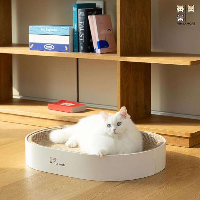 Cat Scratcher Cardboard Bed for Indoor Cats – Large (24.4x17.7x3.9in), Lounger, Round, Reversible, Durable, Protects Furniture, Cat Bowl & Scratching Pad, Safe with Cornstarch Glue