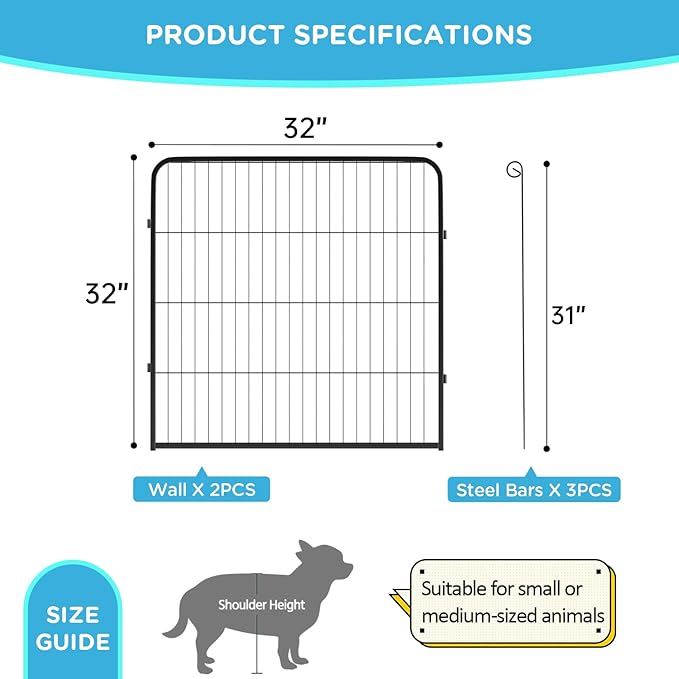 BestPet | Dog Playpen Extender | 32 Inch, 2 Panels | Heavy Duty Metal Pet Exercise Pen | Indoor Outdoor Fence Panels | Rust-Resistant, Removable, Tool-Free Setup | Anti-Skid, Expandable Design