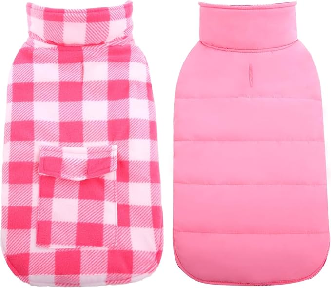 Kuoser Dog Winter Coat, Windproof Dog Fleece Jacket British Style Plaid Cold Weather Doggie Vest Coats, Reversible Cozy Warm Puppy Clothes Pet Apparel for Small Dogs S
