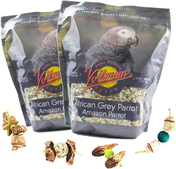 Volkman Avian Science Super African Grey Parrots Bird Food with Foot Toys, Bird Food African Grey Parrot Treats with Foot Roller - 4 Lbs. 2-Pack (1Toy, Toy May Vary)