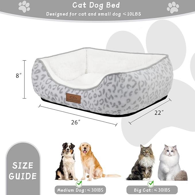 Rectangle Cat Dog Bed for Large Medium Small Pets Indoor Outdoor Machine Washable Sleeping Sofa Non-Slip Bottom Soft Puppy Bed Durable Orthopedic Calming Pet Cuddler (Medium, White Leopard)