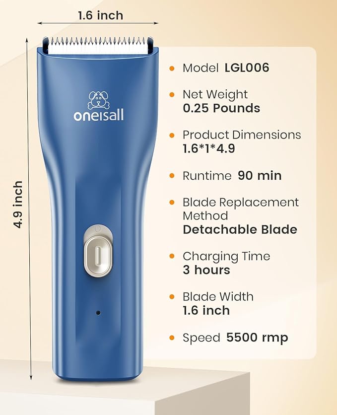 oneisall Pet Clipper for Cat Matted Hair, Pet Shaver for Cats Quiet Pet Clippers Waterproof Cordless Cat Clippers for Matted Hair Long Hair with Storage Bag (Blue)