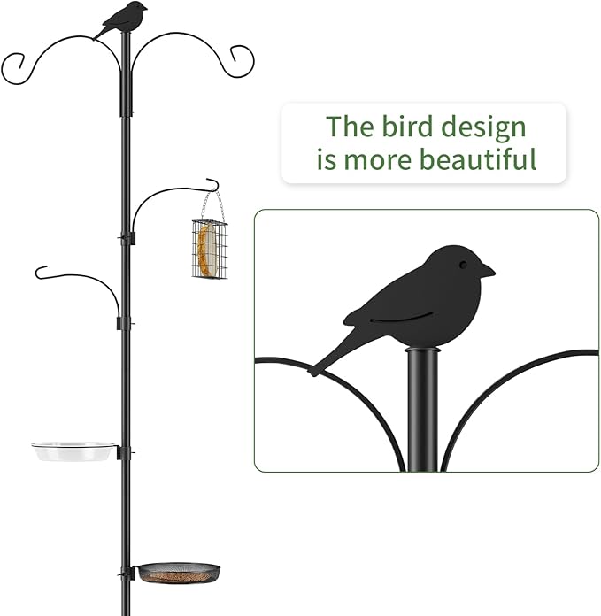 Bird Feeder Pole, 91in 4 Hook Bird Feeding Station with Adjustable Shepherds Hooks, Birds Feeder for Outdoors with Pole 5 Prongs Base Attracting Wild Birds (ATR Deco, Black 91in)