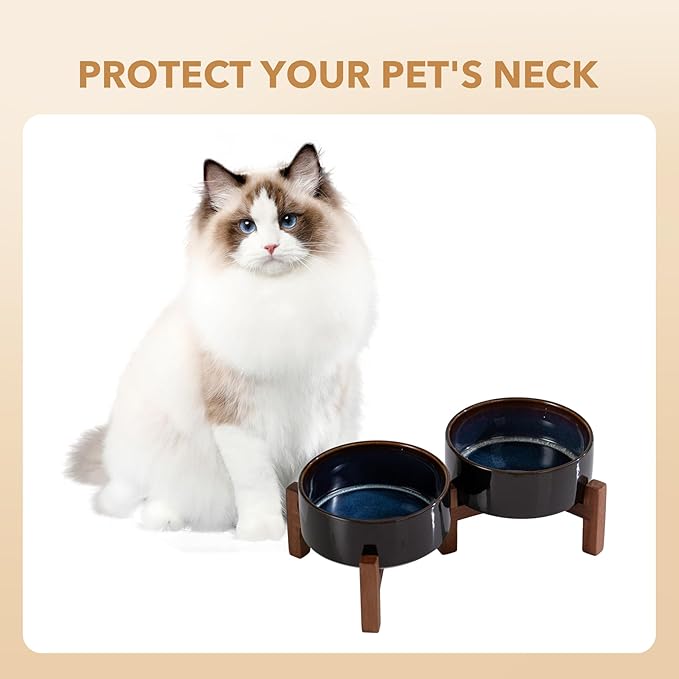 Ceramic 5.1inch Raised Double Bowls Set with Acacia Wood Stand, 2 Heights Elevated, Food & Water Bowls for Puppy, Kitty, Cats(13.5oz, Starry Sky)