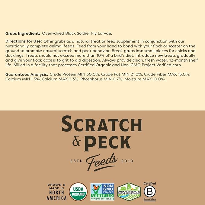 Scratch and Peck Grubs for Chickens and Ducks - 3.5 lbs Bag - Sustainably Sourced - Naturally High Protein, Calcium Dense - Dried Black Soldier Fly Larvae Bird Treats