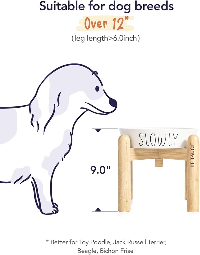 Slow Feeder Dog Bowls - 3-Cup Raised Ceramic & Wood Stand for Medium-Large Breed, White