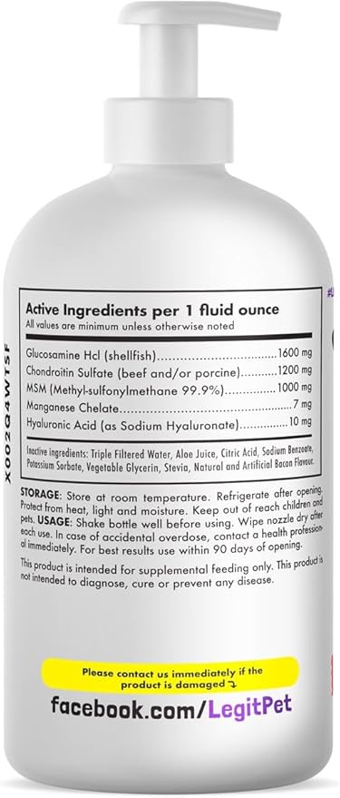 Liquid Glucosamine for Dogs Bacon Flavour with Chondroitin, MSM & Hyaluronic Acid K9 Supplement Hip and Joint Formula Advanced Mobility Joint Pain Relief Senior Advanced Supplement for All Breeds
