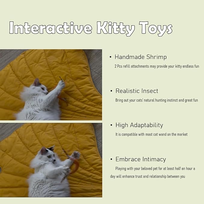 Cat Insect Feather Toys Replacement - 2 Pcs Handmade Natural Shrimps - Cat Toy Wand Refills - Interactive Kitten Teaser Wand Attachments - Kitty Toys for Indoor Cats Play