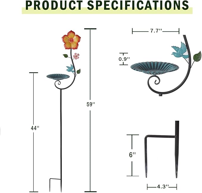 59" H Metal Bird Feeder with Stake,Freestanding Bird Feeder Tray,Bird Baths for Outdoors,Yard Lawn Decorative Garden Stakes