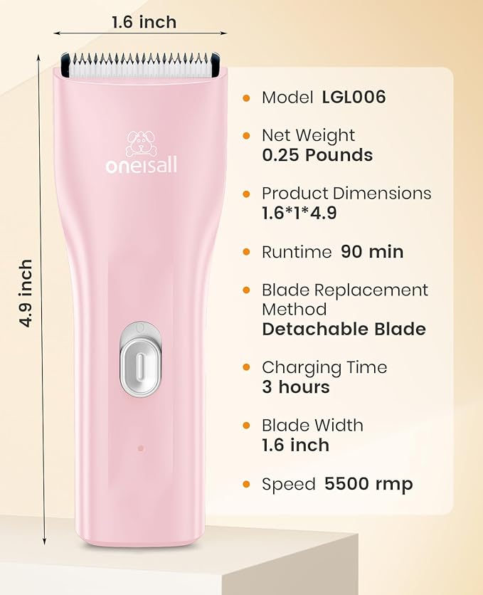 oneisall Pet Clipper for Cat Matted Hair, Pet Shaver for Cats Quiet Pet Clippers Waterproof Cordless Cat Clippers for Matted Hair Long Hair with Storage Bag (Pink)