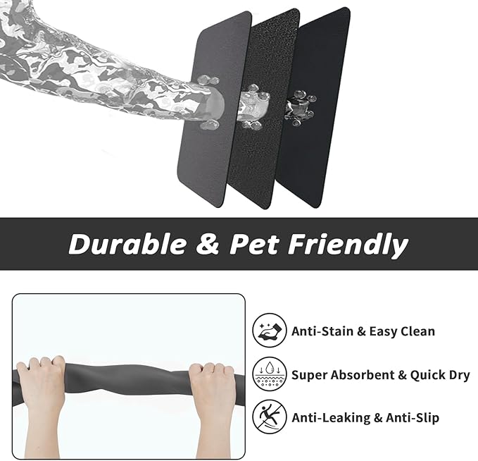 Pet Feeding Mat - Absorbent Dog Mat for Food and Water, No Stains Cat Bowl Mat, Easy to Clean Pet Placemats, Quick Dry Dog Water Dispenser Mat for Messy Drinkers | Dark Grey 18"x 34"