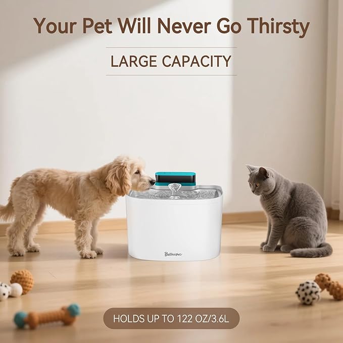 Cat Water Fountain, App Control Cat Fountain, 122oz/3.6L Pumpless Water Fountains for Cats Indoor with Stainless Steel Tray, Wi-Fi Dog and Pet Water Fountain (White, Fountain+2 Fliters)