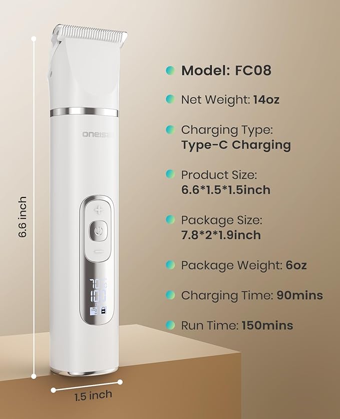 oneisall 4 in 1 Dog Grooming Kit with LCD Display, Dog Hair Trimmer for Paw Nail Grinder, Rechargeable Cordless Low Noise IPX7 Waterproof Pet Clippers (White)