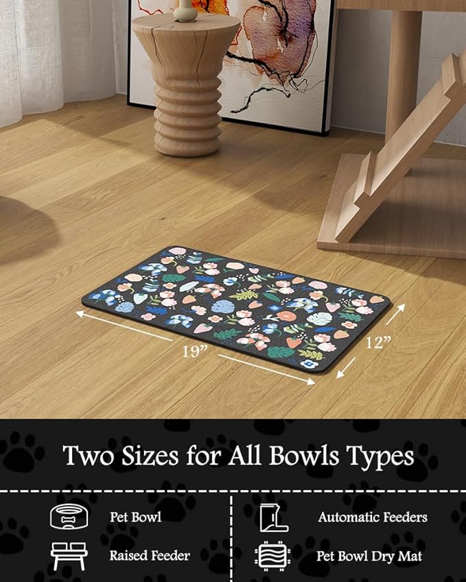 Pet Feeding Mat-Absorbent Dog Mat for Food and Water Bowl-No Stains Quick Dry Water Dispenser Mat-Dog Accessories Pet Supplies-Bowl for Messy Drinkers(DARKFLOWERS,12"x19"