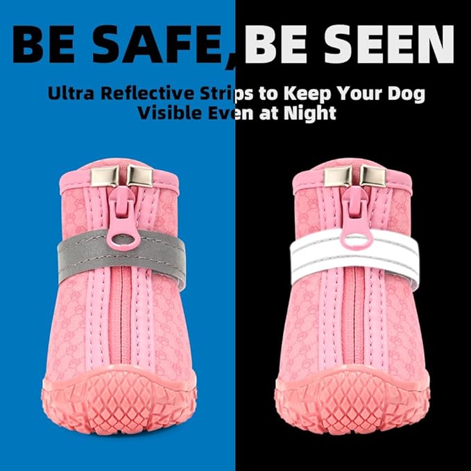 Dog Shoes for Small Dogs, Waterproof Dog Boots Paw Protector for Hot Pavement Winter Snow, Dog Booties with Reflective Strips Rugged Anti-Slip Sole for Hardwood Floors Outdoor Walking Pink Size 2