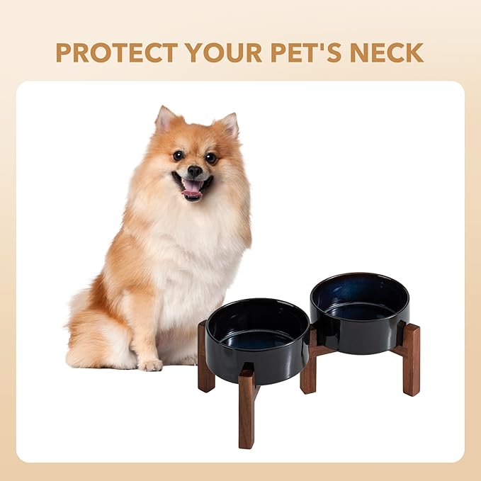 Ceramic 6.1inch Raised Double Dog Bowls Set with Acacia Wood Stand, 2 Heights Elevated, Food & Water Bowls for Small Dogs(28.2oz, Starry Sky)