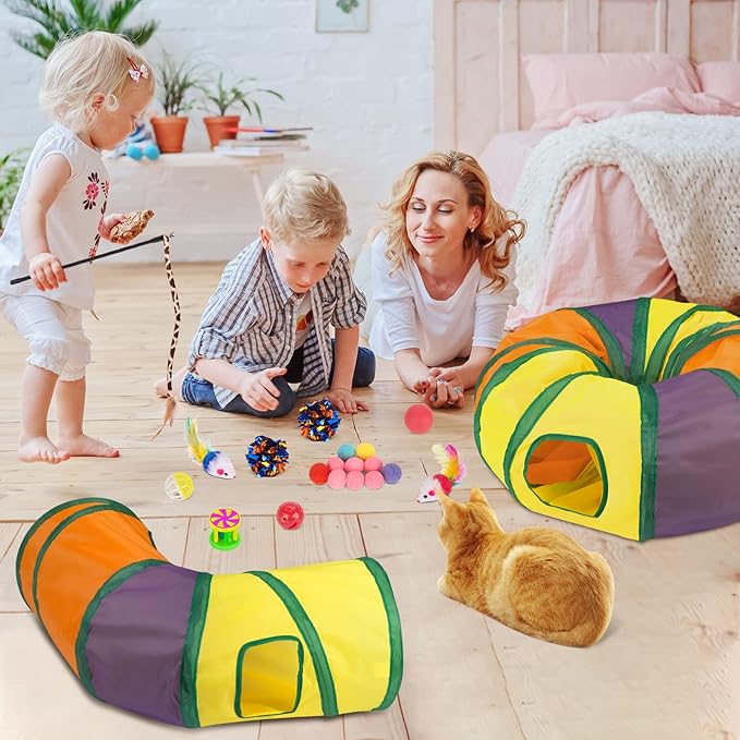 Retro Shaw Cat Toys Kitten Toys, Interactive Cat Tunnels Toy for Indoor Cats Kitty, Kitten Tube Tent Feather Wand Teaser Bell Fuzzy Ball Springs Mouse (33 Pcs Large Cat Tunnel Toys Set)