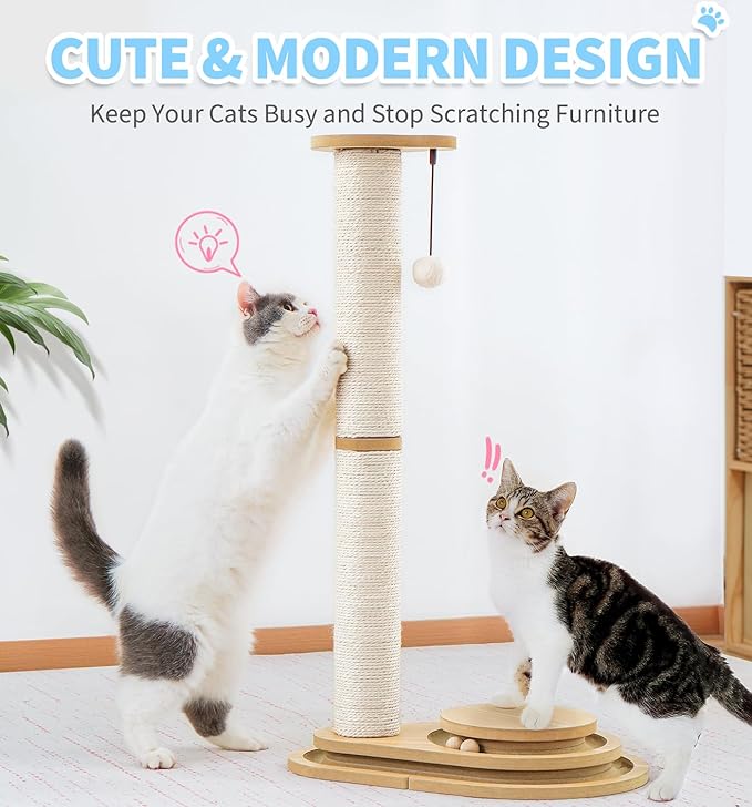 Made4Pets Cat Scratching Post Cat Scratcher Kitten Toys for Indoor Cats Wooden Ball Track Two-Layer Modern Sisal 23.4" Tall Scratch Post Interactive Toy with Dangling Ball Middle Size