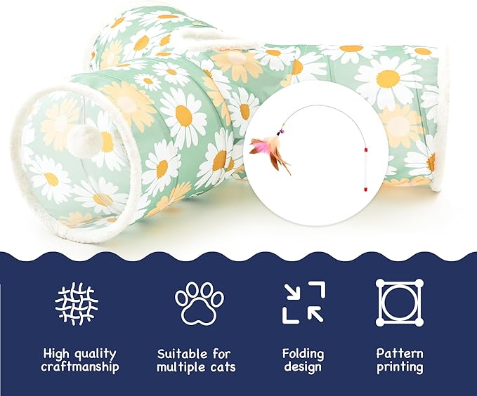 Tempcore Pet Cat Tunnel Tube Cat Toys 3 Way Collapsible, Cat Tunnels for Indoor Cats,Kitty Tunnel Bored Pet Toys Peek Hole Toy Ball Puppy, Kitty, Kitten, Rabbit Daisy Green Printed