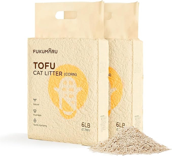 FUKUMARU Tofu Cat Litter, 12lb Clumping Litter for Cats, Mixed Corn Pellets, Dust-Free and Easy Clumping, Odour Control, Flushable, Low Residue