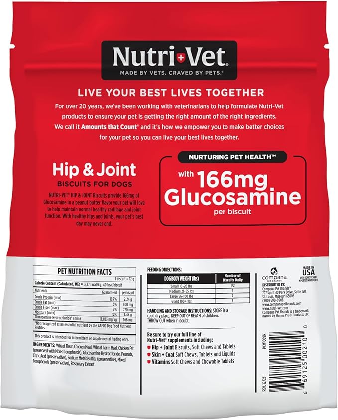Nutri-Vet Hip & Joint Biscuits for Dogs, Tasty Glucosamine Treat, Puppy Supplements, Dog Joint Supplement, Small Sized Biscuit with 166mg Glucosamine, Puppy Essentials, 16 oz (Pack of 2)