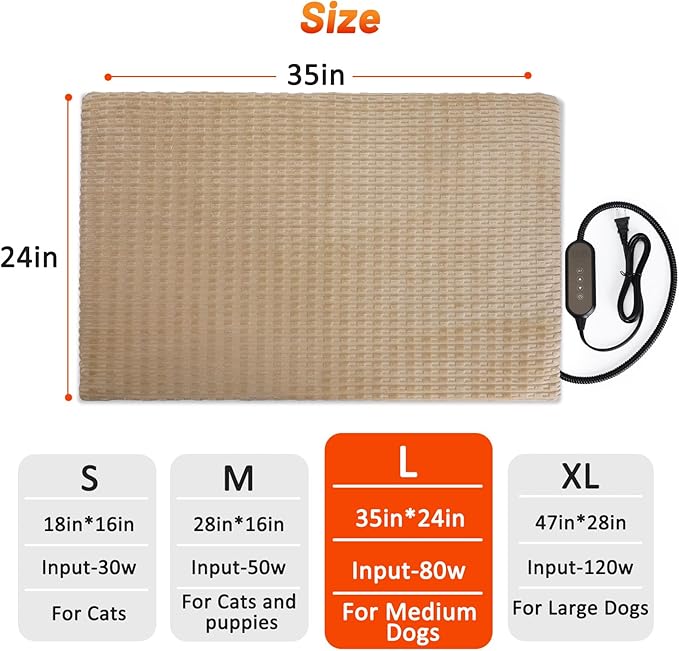 Cat Heating Pad, Waterproof Heated Cat Dog Bed with Adjustable Temperature & Timer, Electric Pet Mat for Indoor Cats Dogs, Chew Resistant Steel Cord(Large : 35"x24" Brown)