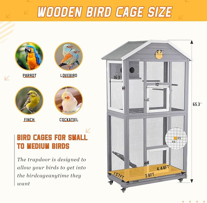 65in Outdoor Bird Aviary with Wheels,Wooden Bird Cage Indoor Finches Cage Flight cage Wire Mesh,Easy Clean Tray Perches Nest Feeder