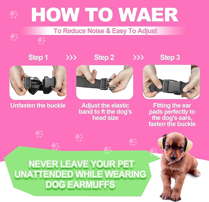 PROHEAR Dog Ear Muffs Hearing Protection for Dogs, NRR 28dB Noise Cancelling Headphones, Easy to Adjust Dog Hearing Protection Earmuffs for Thunder, Hunting, Tourism, Cars, Racing, Medium, Pink