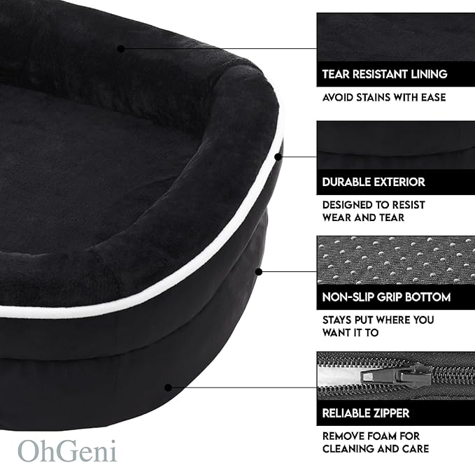 OhGeni Orthopedic Dog Couch Pet Sofa Large Sized Cat Beds with Comfort Foam Support, Soft Comfortable Fabric, Machine Washable Waterproof Removable Cover, 35-Inch (Black)