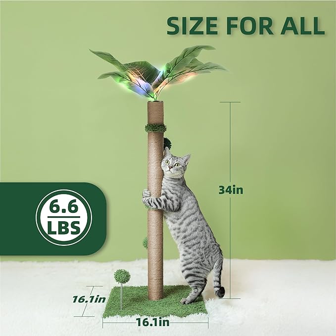 34" LED Cat Scratching Post, Attracts Cats with LED Light, Cat Furniture, Stable Base, Hanging Toy Balls for Large Cats and Kittens, 4 LED Light Settings, Green