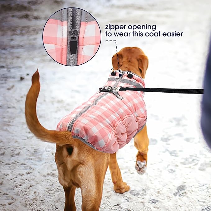 FUAMEY Dog Coat for Small Dogs,Waterproof Dog Winter Jacket with Harness Built in Puppy Cold Weather Coats Reflective Pet Vest with Zipper Warm Fleece Dogs Snowsuit Windproof Pink Plaid XS