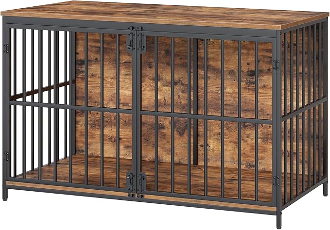 HOOBRO 46.5" Large Dog Crate Furniture, Wooden Dog Kennel Indoor, Heavy Duty Dog Cage for Large/Medium Dog, Decorative Side End Table, Rustic Brown and Black BF120GW03