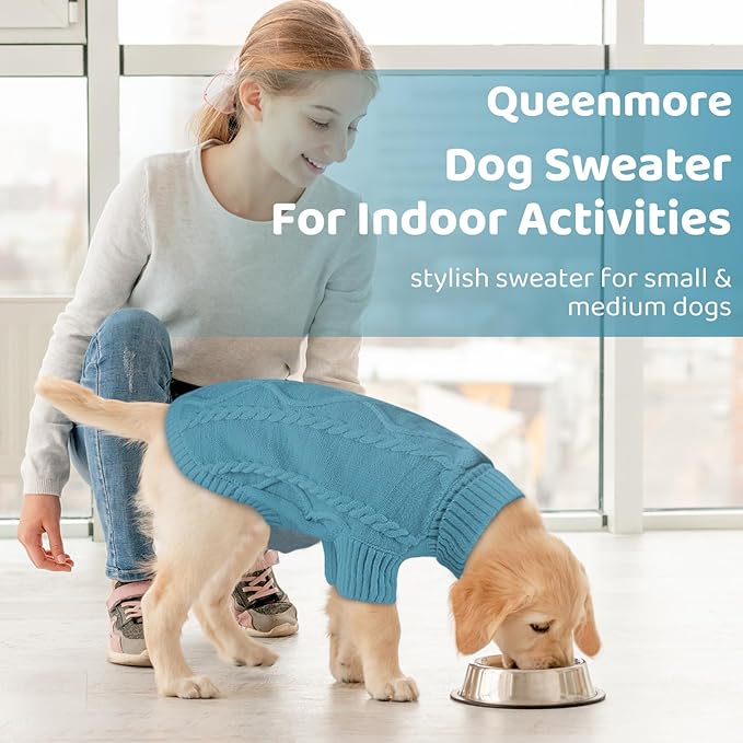 Queenmore Small Dog Pullover Sweater, Cold Weather Cable Knitwear, Classic Turtleneck Thick Warm Clothes for Chihuahua, Bulldog, Dachshund, Pug (Peacock Blue, X-Small)