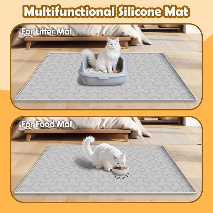 Silicone Cat Litter Mat, Large 34"x22", Foldable and Easy to Clean, Waterproof, Leak-Proof, and Urine-Proof, Protects Floors, Suitable for Indoor Litter Box Mats.(Gray)
