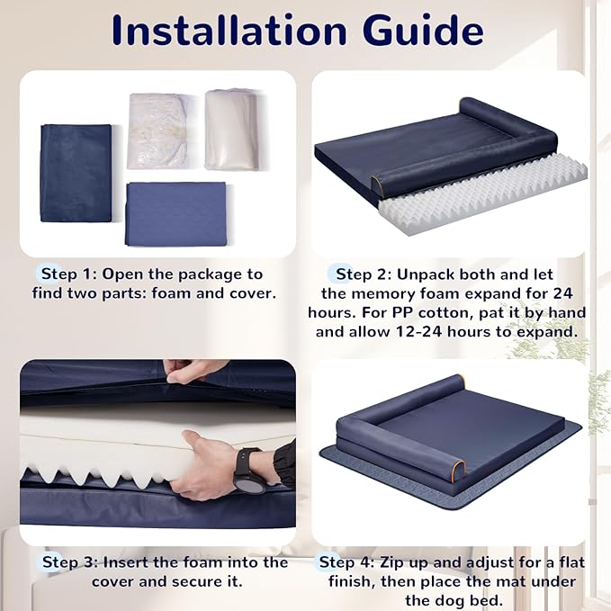 Dog Bed XL Indestructible Waterproof Big Dog Couch Orthopedic with Anti-Slip Mat, Memory Foam Pet Bed Washable (Blue)