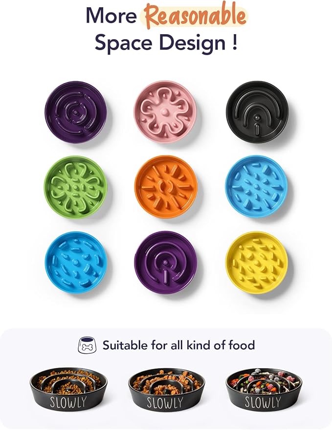 Slow Feeder Dog Bowl - Ceramic 3 Cup Puzzle Maze for Medium & Large Breeds, Puppies & Fast Eaters, Pet Food Dish Black