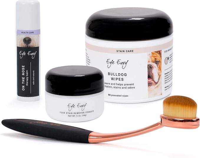 Eye Envy Bulldog Wrinkle Cleaner & Nose Care Kit. Bulldog Wrinkle Wipes, Tear Stain Powder, Applicator Brush & Dog Nose Balm. Cleans Skin Folds. Removes Stains. Helps Cracked Noses. Made in USA