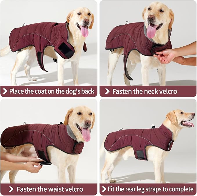 HEYWEAN Dog Winter Coat - Waterproof Windproof Reflective Vest for Medium & Large Breeds Adjustable Warm FleeceLined Jacket with Magic Tape & D-Ring for Leash Cold Weather Apparel (Red, XX-Large)